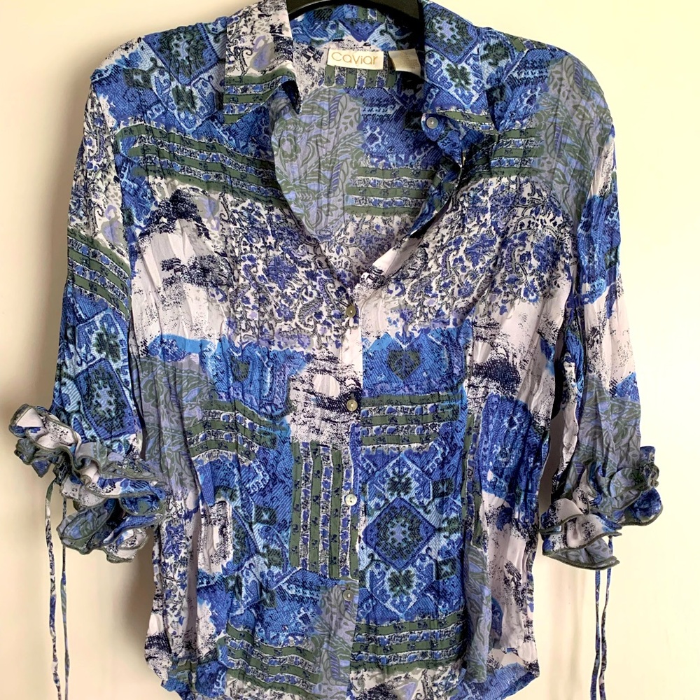 Caviar Blue and White Geometric Design Blouse